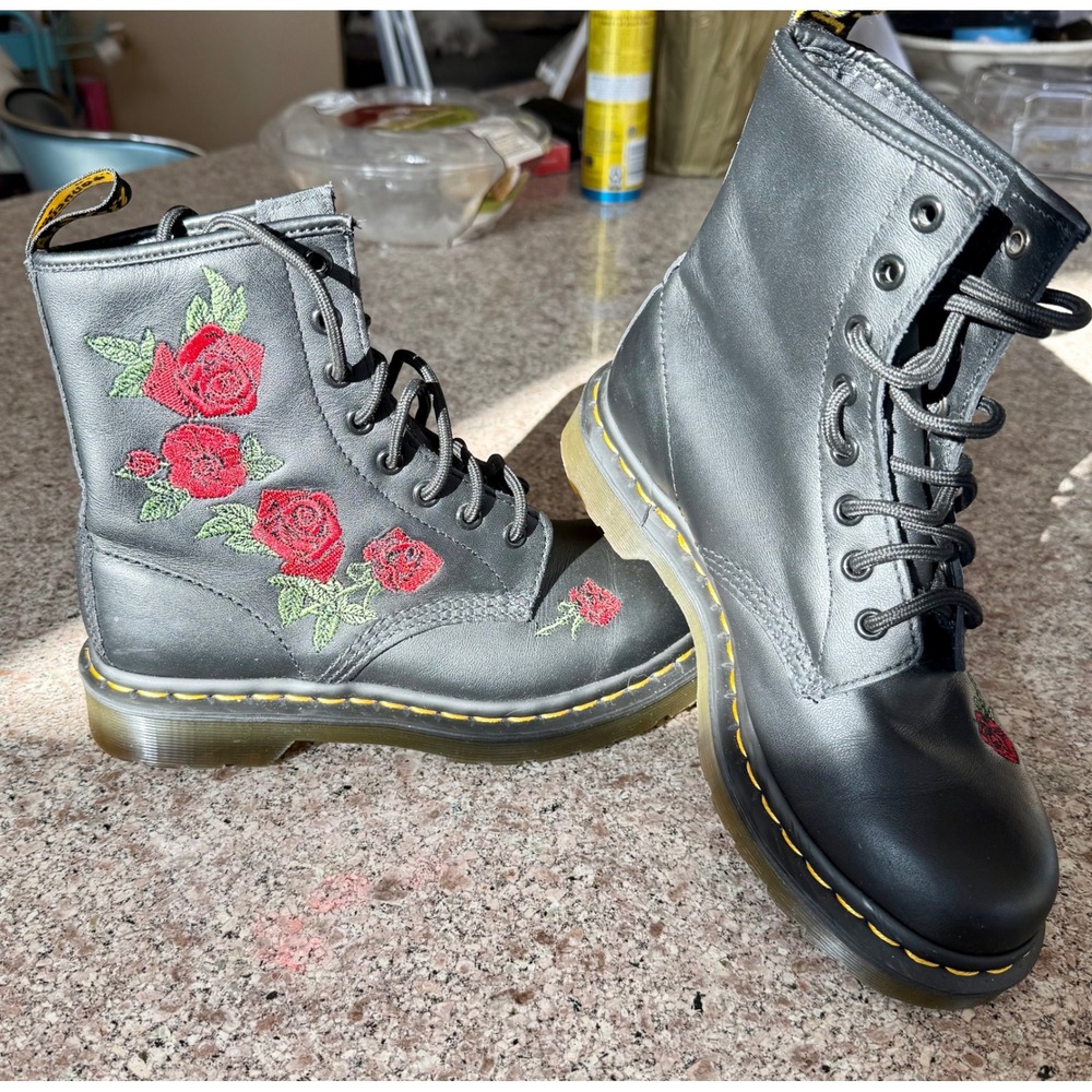Dr Martens Black Leather Rose Embroidered Combat Boots Women - Picture 3 of 10